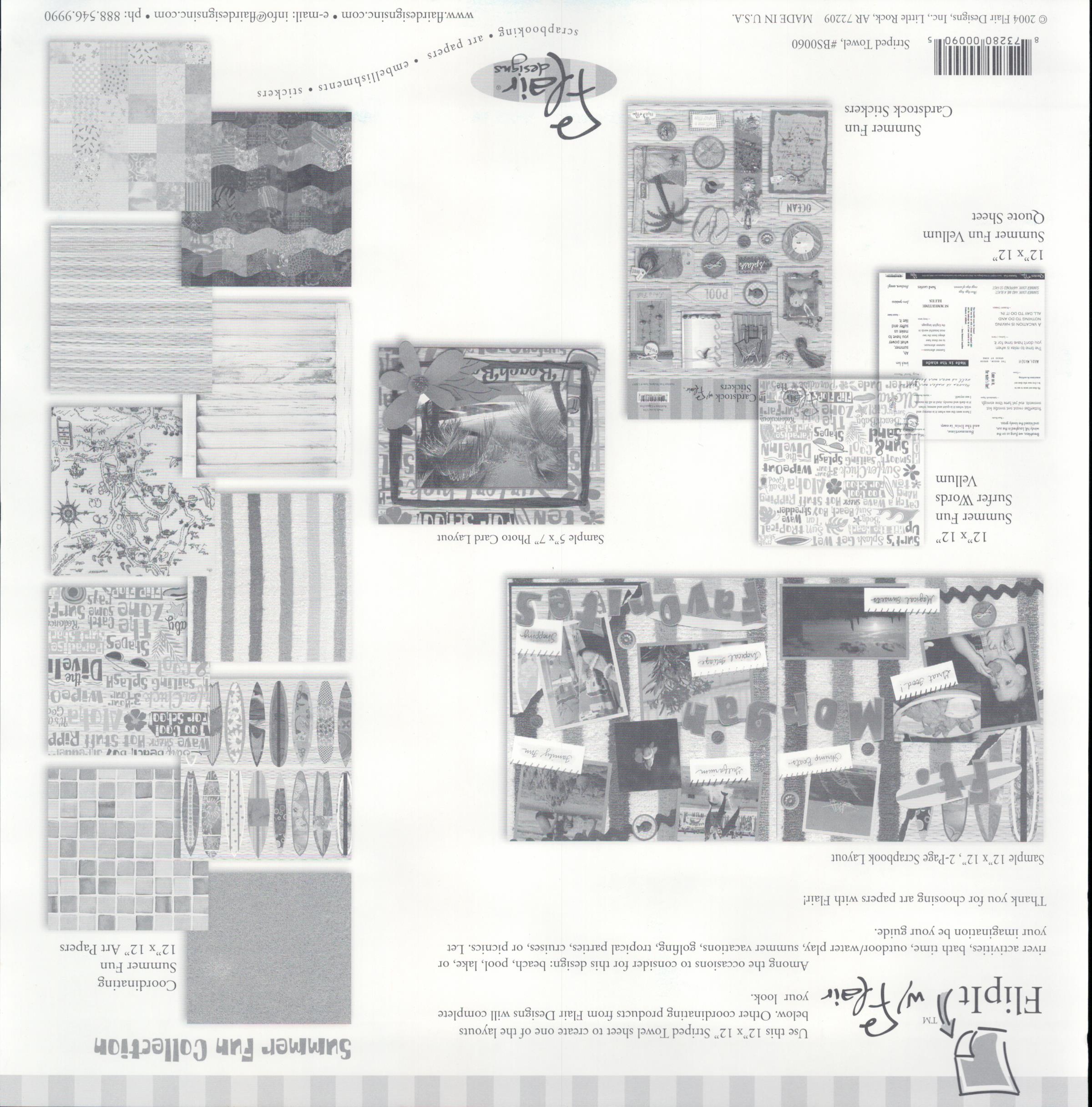 Flair Designs Striped Towel 12x12 scrapbook paper - reverse side Summer Fun Collection coordinating papers guide, item BS0060, Flair Designs Little Rock AR Made in USA 2004