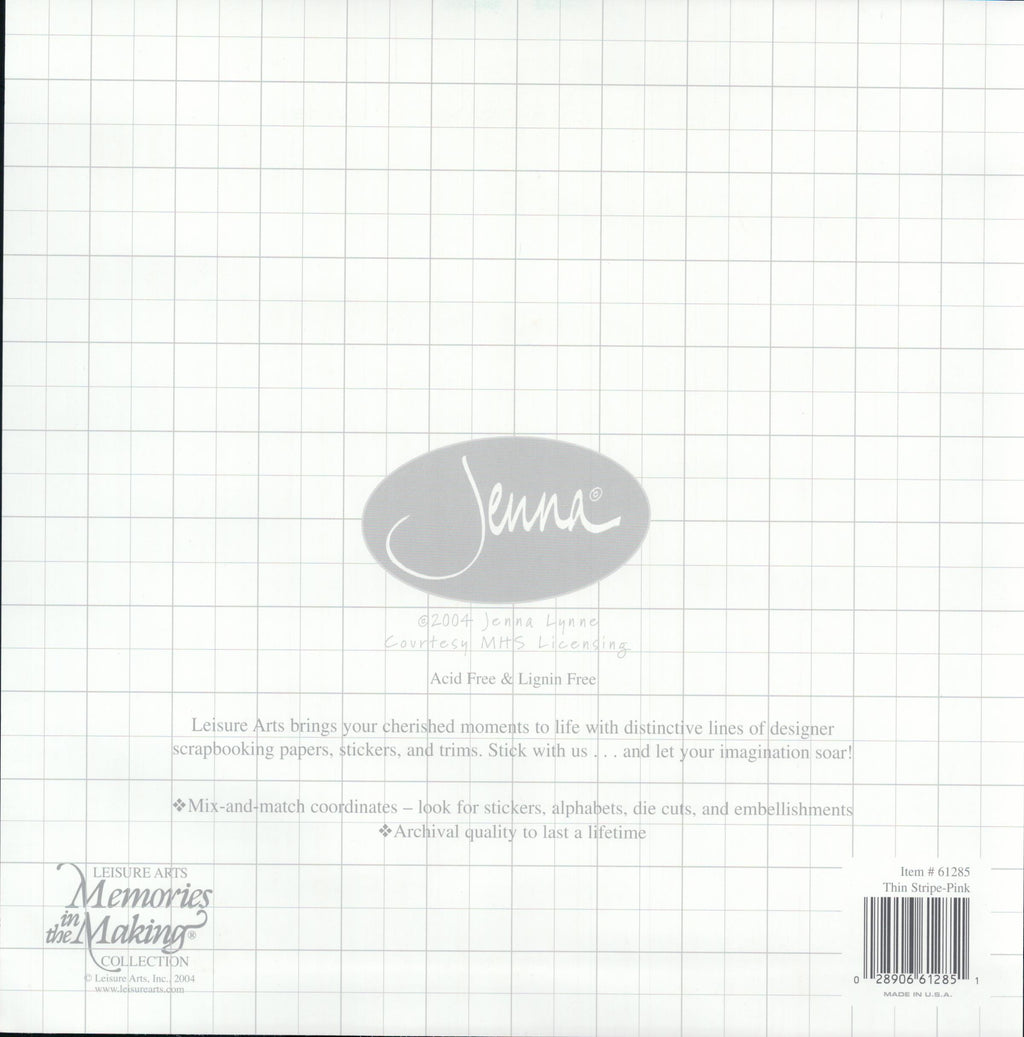 Leisure Arts Jenna Thin Stripe Pink 12x12 scrapbook paper - reverse side white grid graph paper, Memories in the Making Collection, item 61285, Made in USA