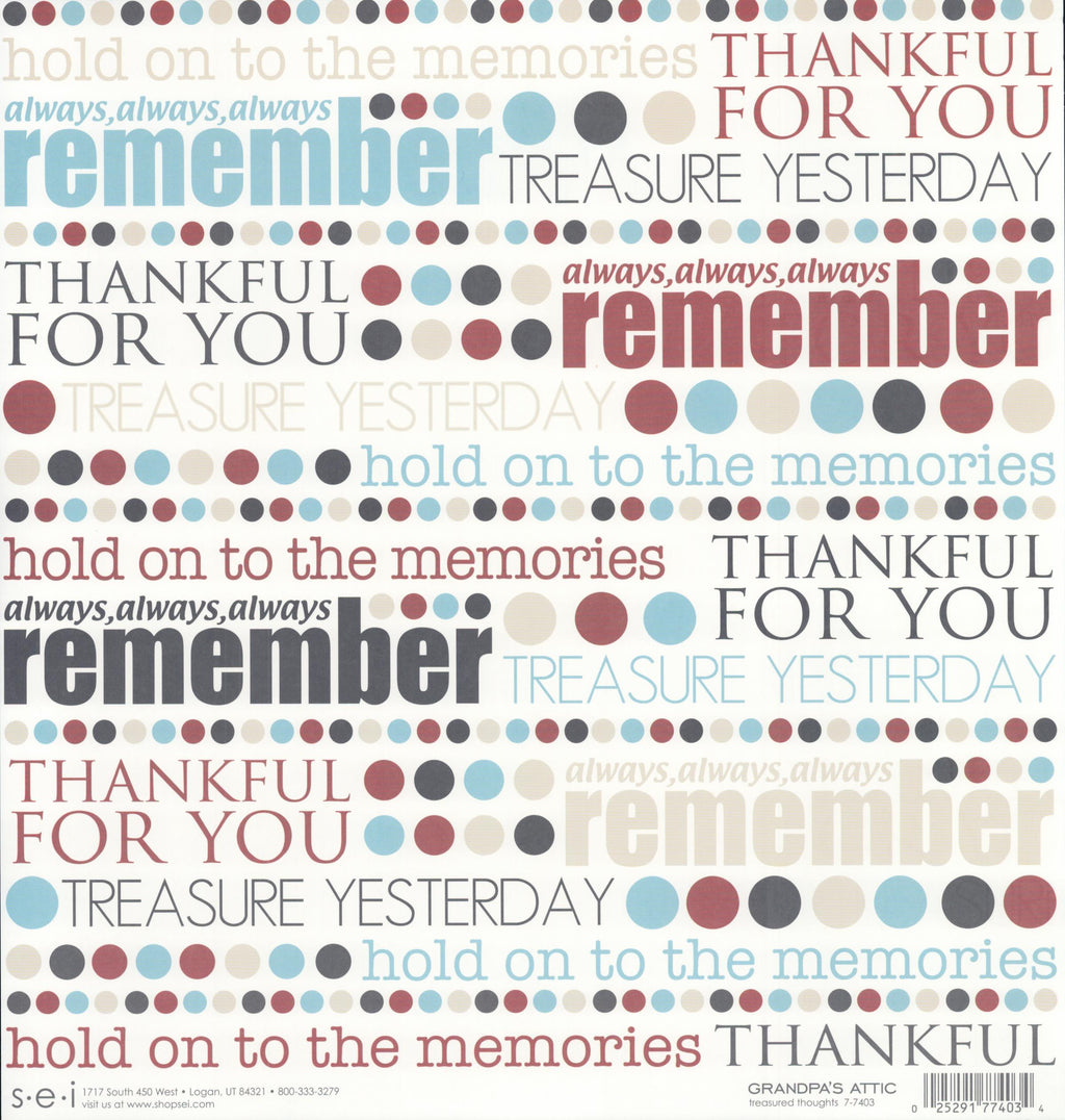SEI Grandpa's Attic Treasured Thoughts 12x12 cardstock — white background with heritage word art phrases in burgundy, blue, gray and black