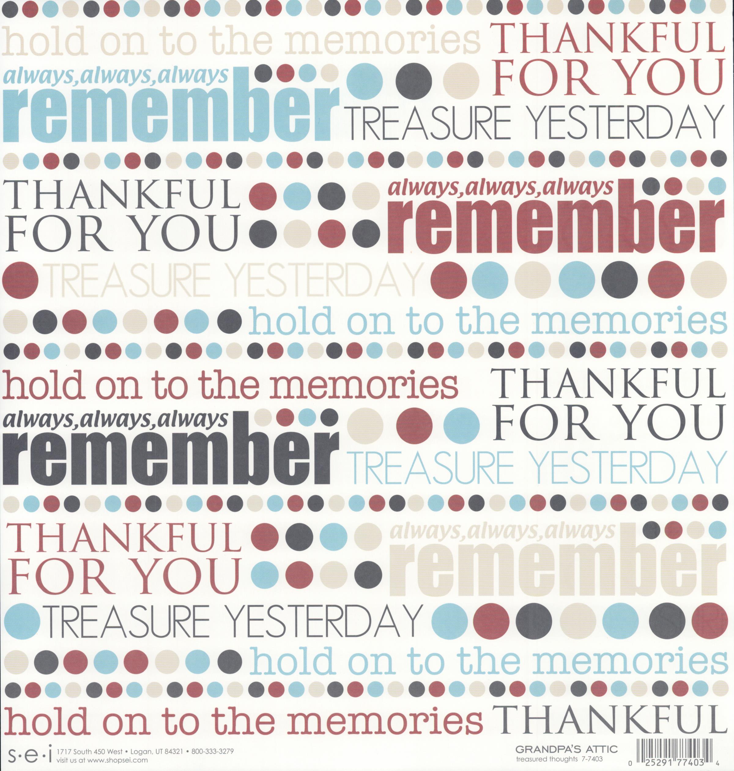 SEI Grandpa's Attic Treasured Thoughts 12x12 cardstock — white background with heritage word art phrases in burgundy, blue, gray and black