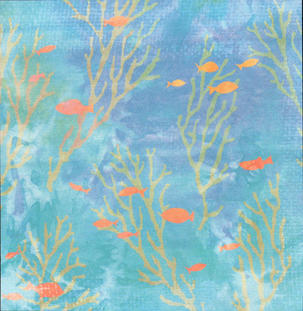 Flair Designs Under the Sea 12x12 scrapbook paper - watercolor aqua teal blue background with golden tan branching coral sea fan silhouettes and bright orange coral fish