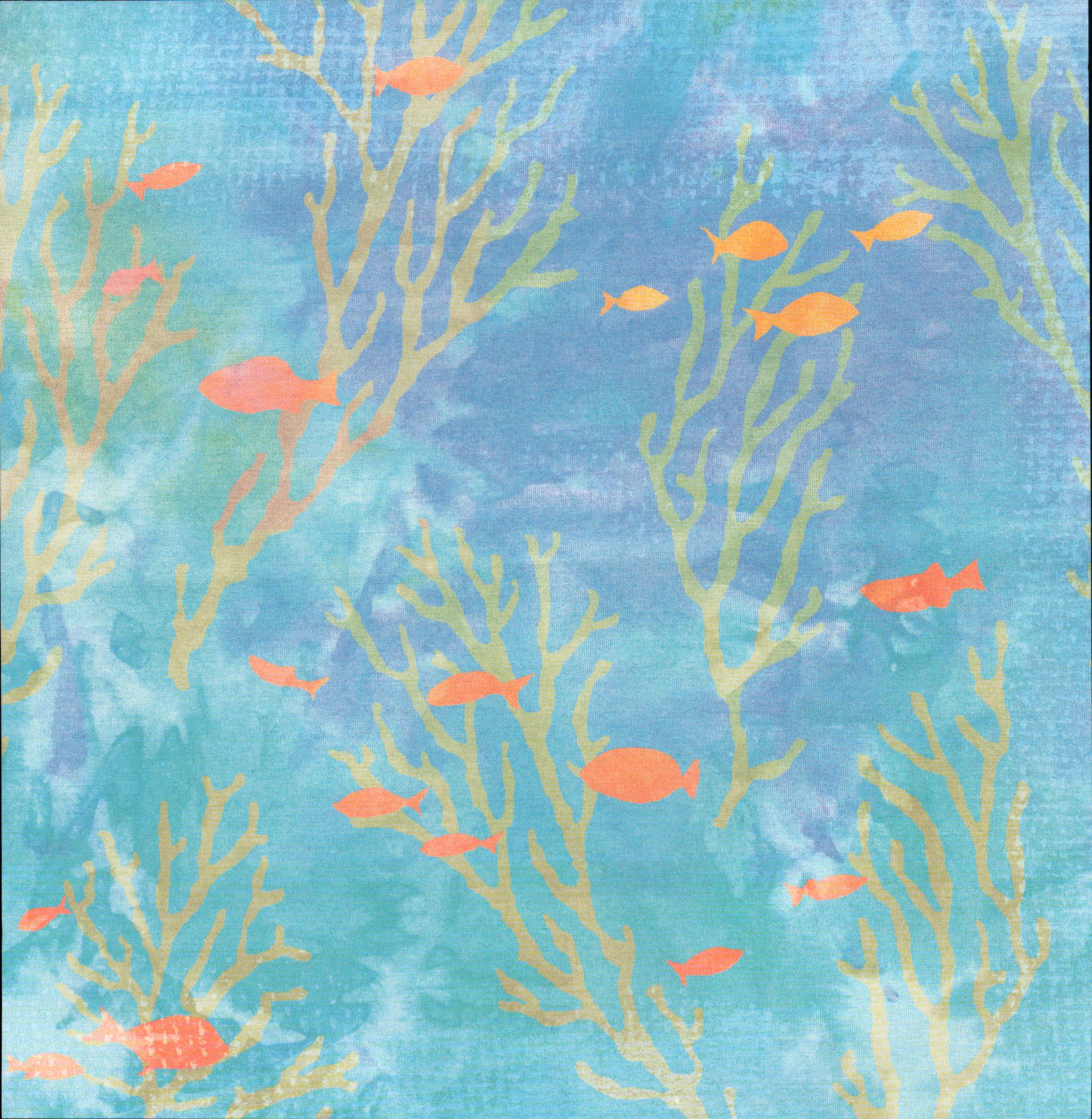 Flair Designs Under the Sea 12x12 scrapbook paper - watercolor aqua teal blue background with golden tan branching coral sea fan silhouettes and bright orange coral fish