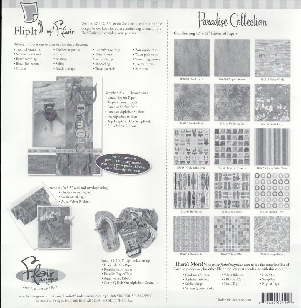 Flair Designs Under the Sea 12x12 scrapbook paper - reverse side Paradise Collection coordinating papers guide, item BS0181, Flair Designs Little Rock AR Made in USA 2006