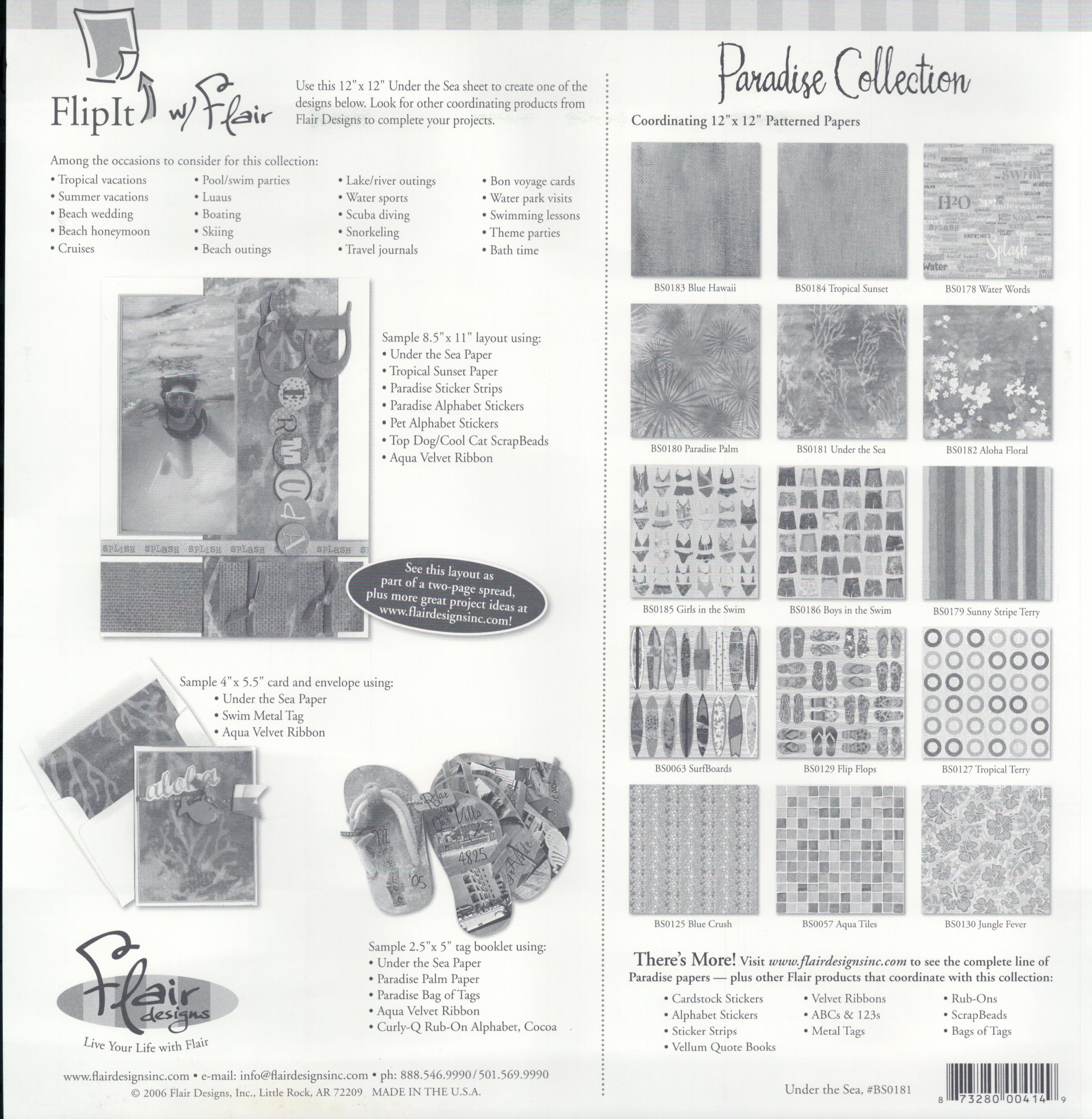 Flair Designs Under the Sea 12x12 scrapbook paper - reverse side Paradise Collection coordinating papers guide, item BS0181, Flair Designs Little Rock AR Made in USA 2006