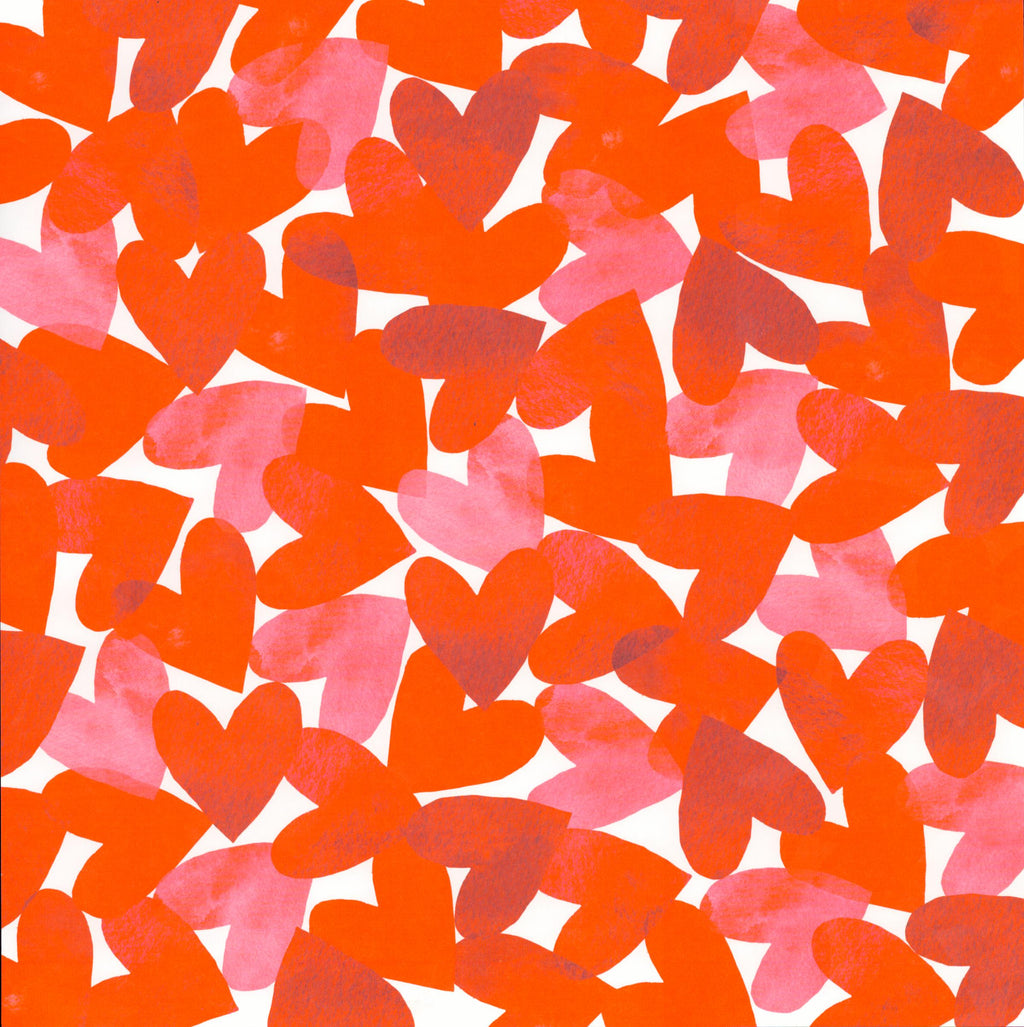 The Paper Studio Valentine Red Hearts 12x12 scrapbook paper - large overlapping watercolor hearts in vivid red-orange and soft pink on white background