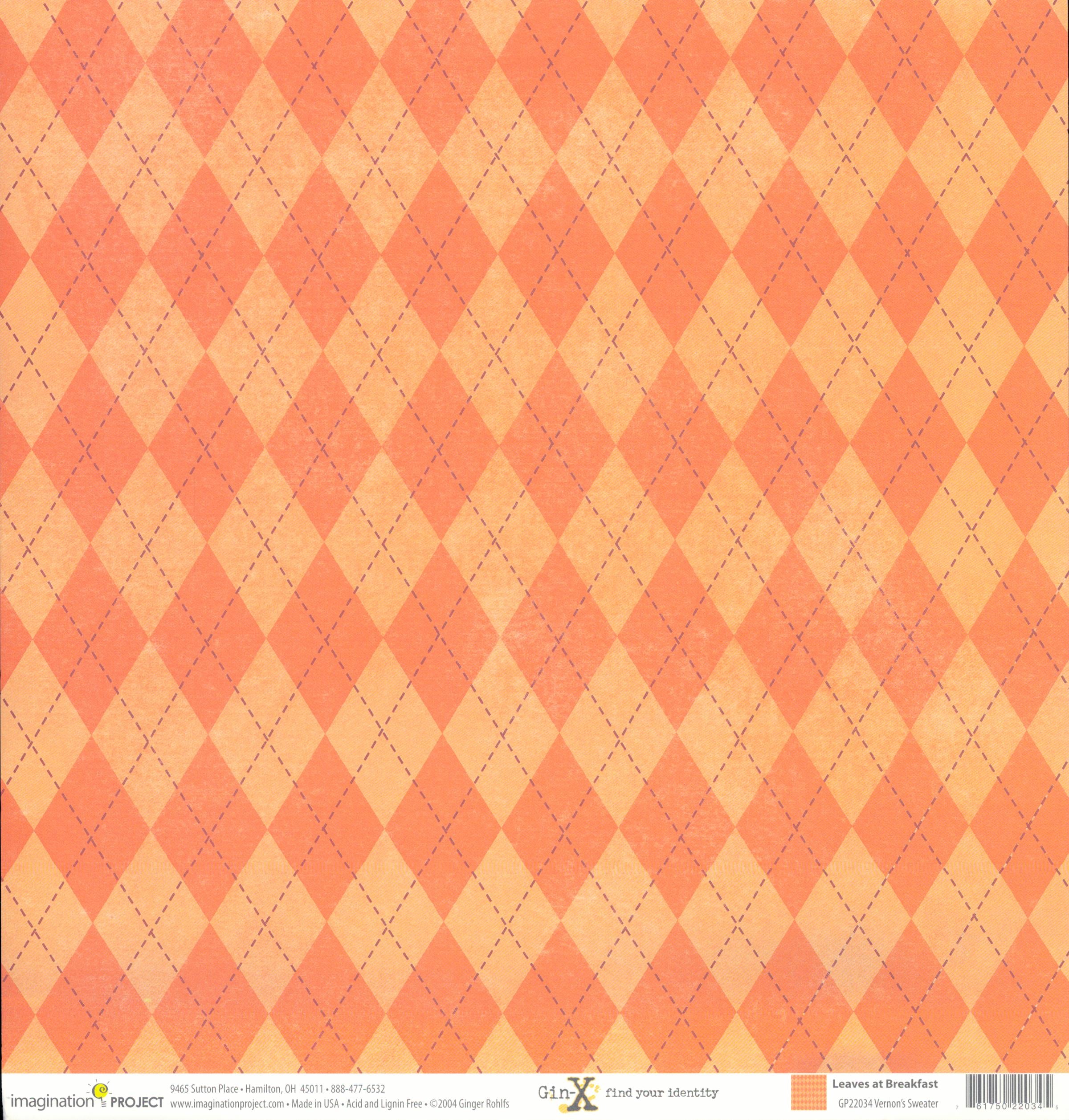 Imagination Project Gin-X Leaves at Breakfast Vernon's Sweater 12x12 cardstock — tone-on-tone argyle diamond pattern in coral, salmon, peach and golden orange with dashed stitch lines