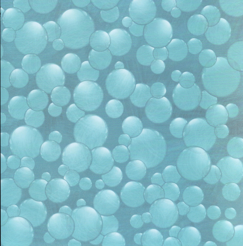 Karen Foster Design Water Bubbles 12x12 scrapbook paper - soft aqua teal background with large 3D photographic-style water bubbles of varying sizes with glassy light reflections