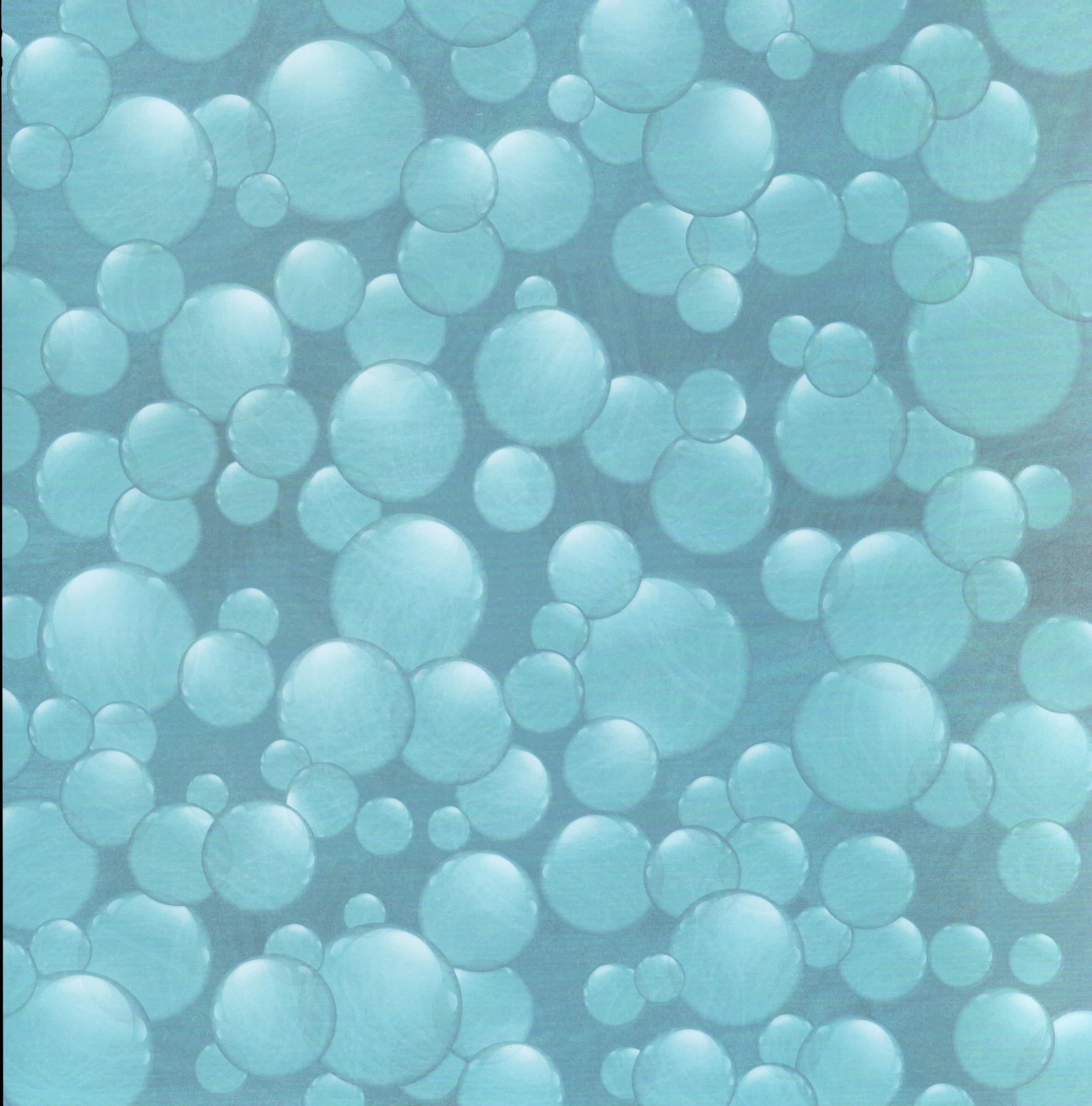 Karen Foster Design Water Bubbles 12x12 scrapbook paper - soft aqua teal background with large 3D photographic-style water bubbles of varying sizes with glassy light reflections