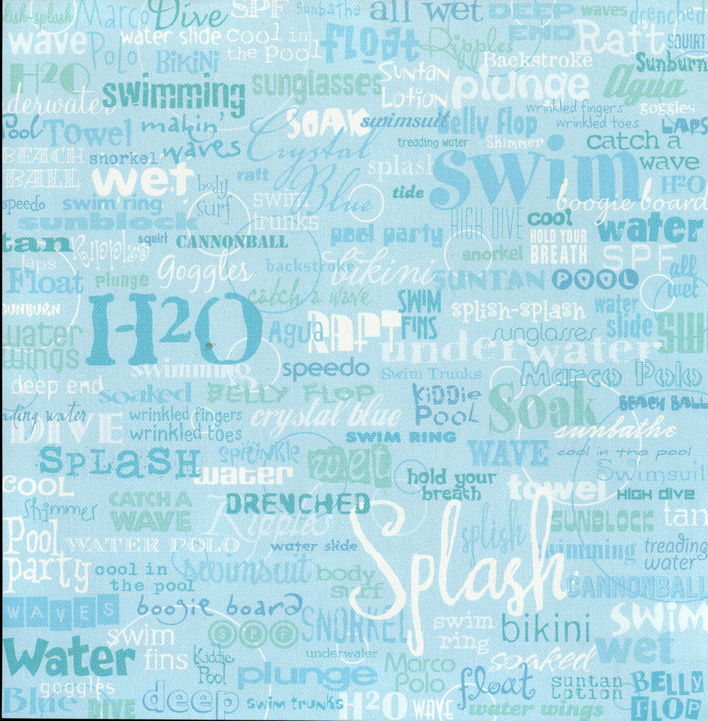 Flair Designs Water Words 12x12 scrapbook paper - multi-tonal aqua teal blue word collage with swim splash H2O drenched plunge float raft soak wave bikini goggles cannonball snorkel