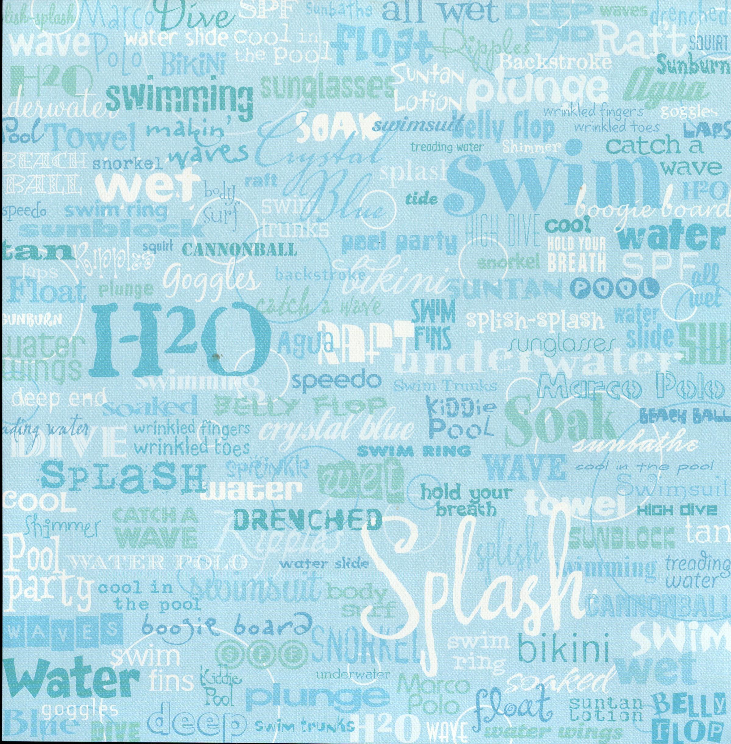 Flair Designs Water Words 12x12 scrapbook paper - multi-tonal aqua teal blue word collage with swim splash H2O drenched plunge float raft soak wave bikini goggles cannonball snorkel