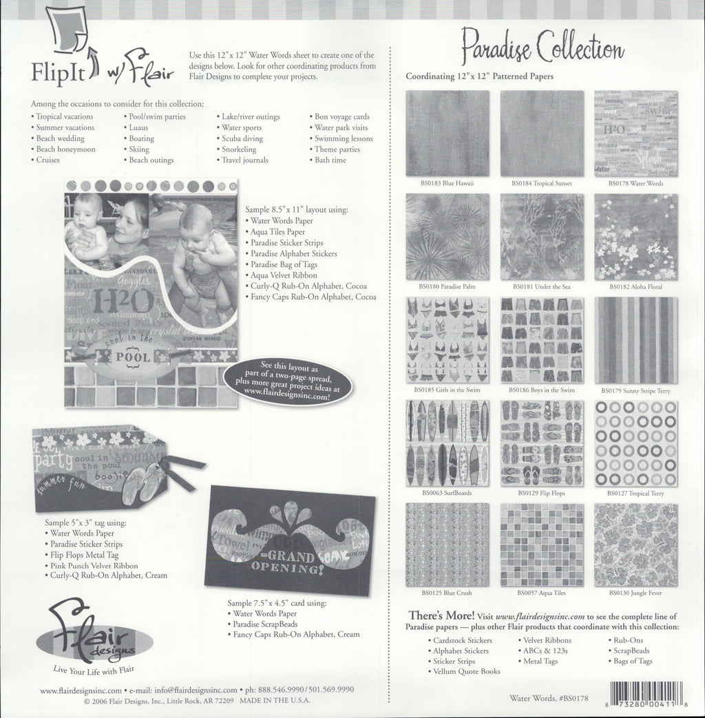 Flair Designs Water Words 12x12 scrapbook paper - reverse side Paradise Collection coordinating papers guide, item BS0178, Flair Designs Little Rock AR Made in USA 2006