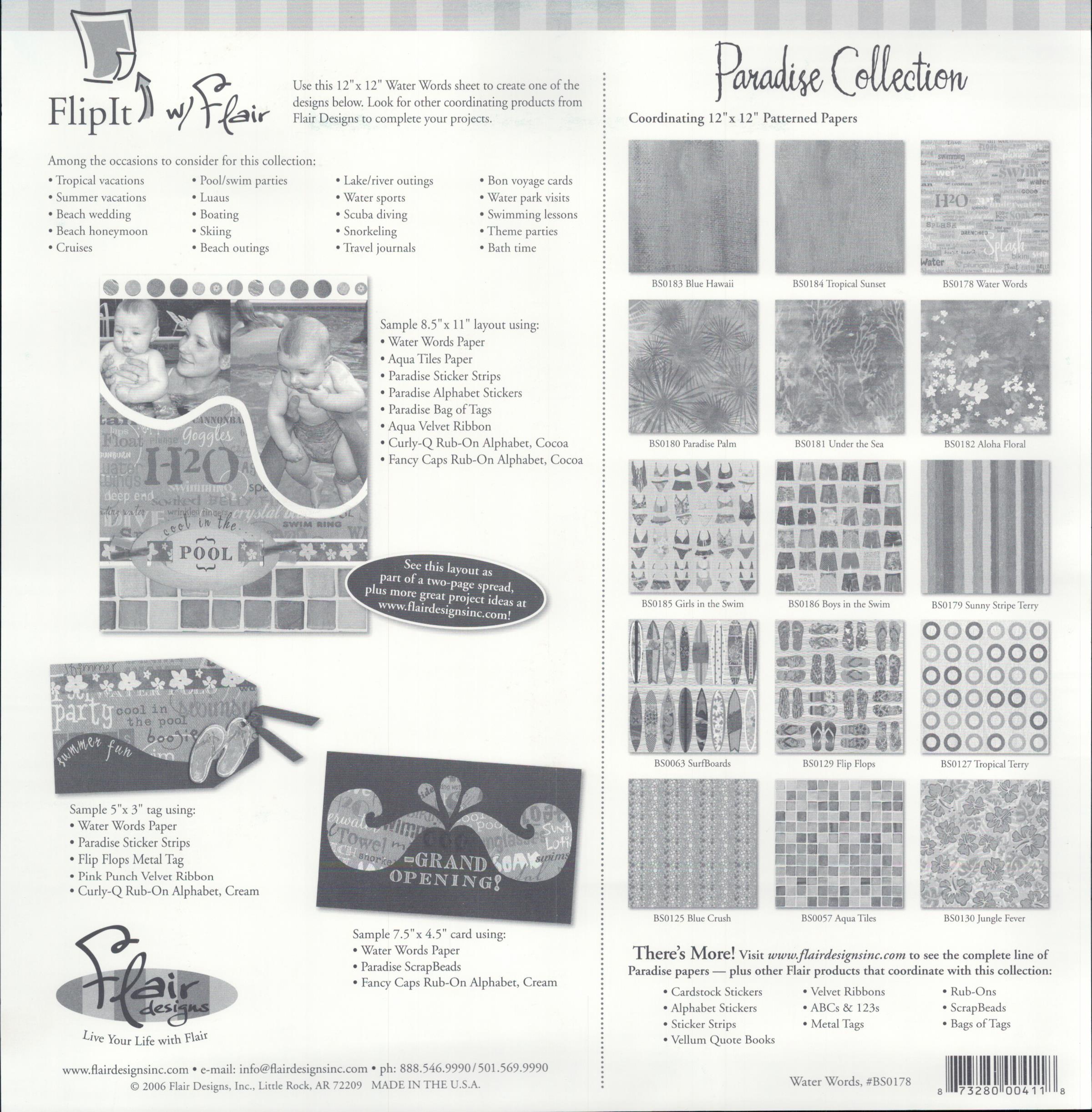 Flair Designs Water Words 12x12 scrapbook paper - reverse side Paradise Collection coordinating papers guide, item BS0178, Flair Designs Little Rock AR Made in USA 2006