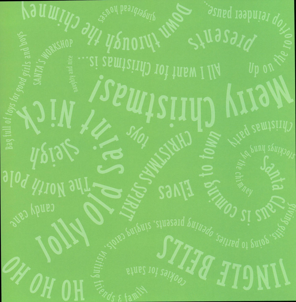 Karen Foster Design Word Swirl Green 12x12 scrapbook paper - bright lime green background with tone-on-tone Christmas words and phrases swirling in all directions
