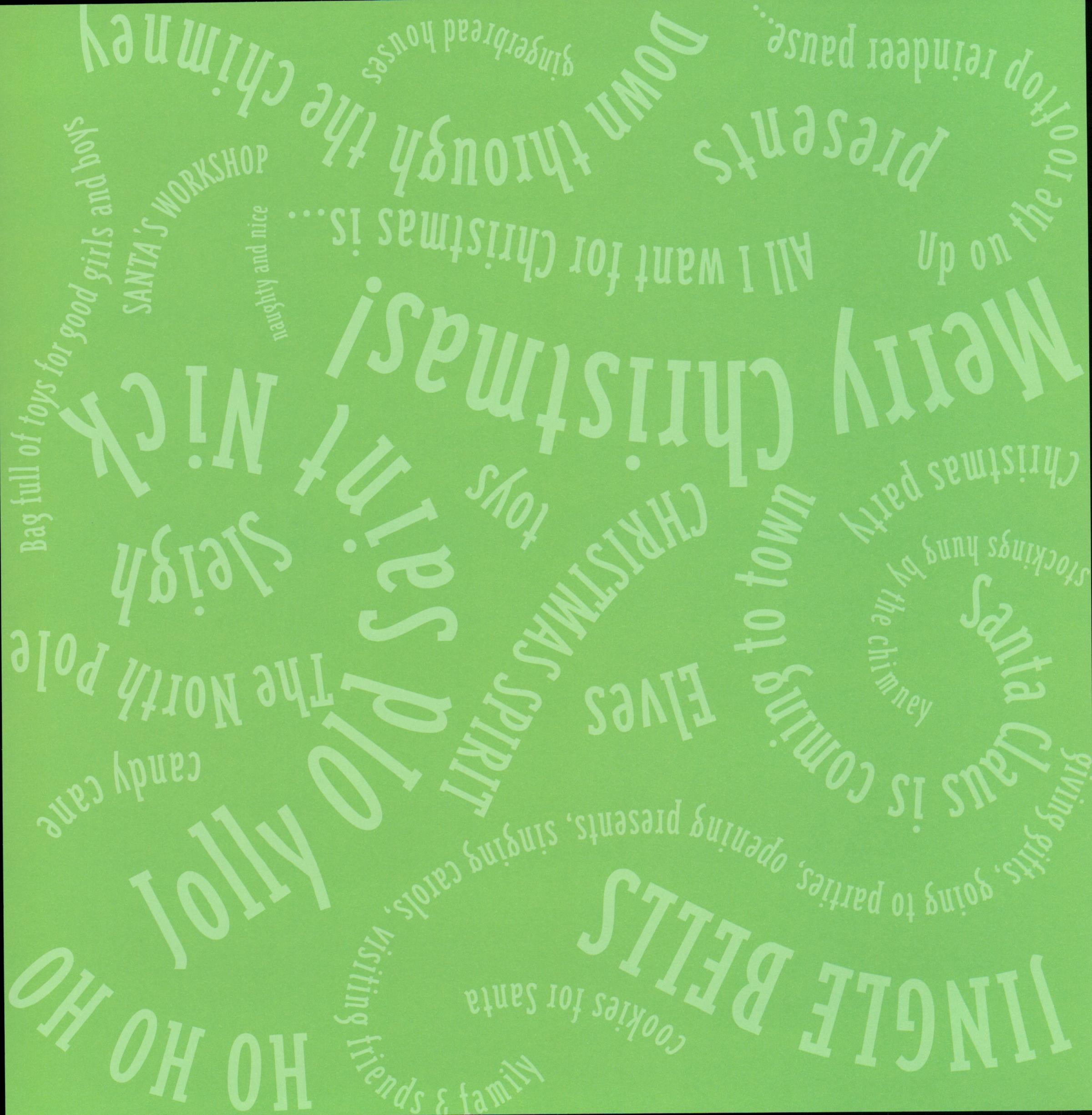 Karen Foster Design Word Swirl Green 12x12 scrapbook paper - bright lime green background with tone-on-tone Christmas words and phrases swirling in all directions